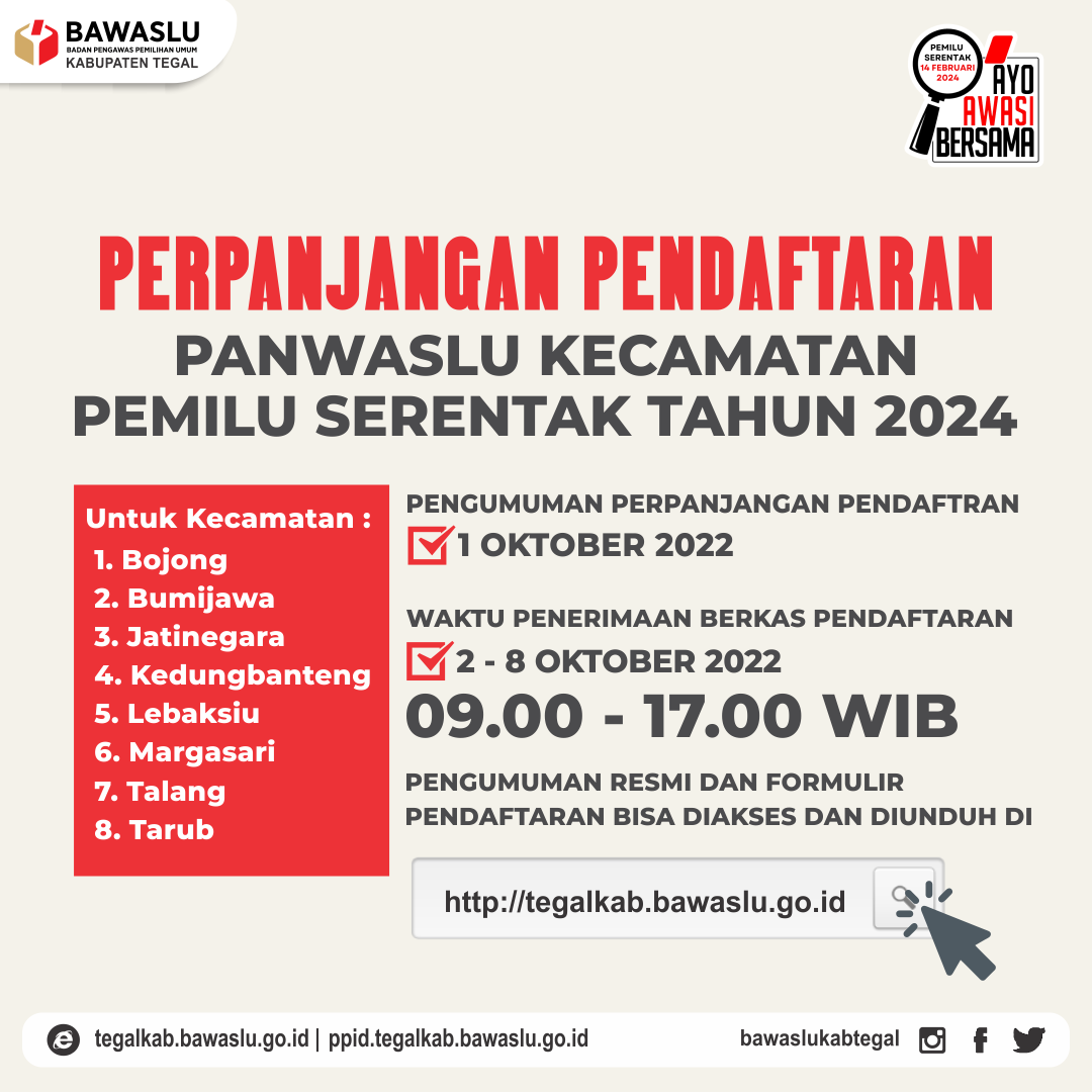 Pengumuman Perpanjangan Pendaftaran Calon Anggota Panwaslu Kecamatan Dalam Rangka Pemilu Serentak Tahun 2024