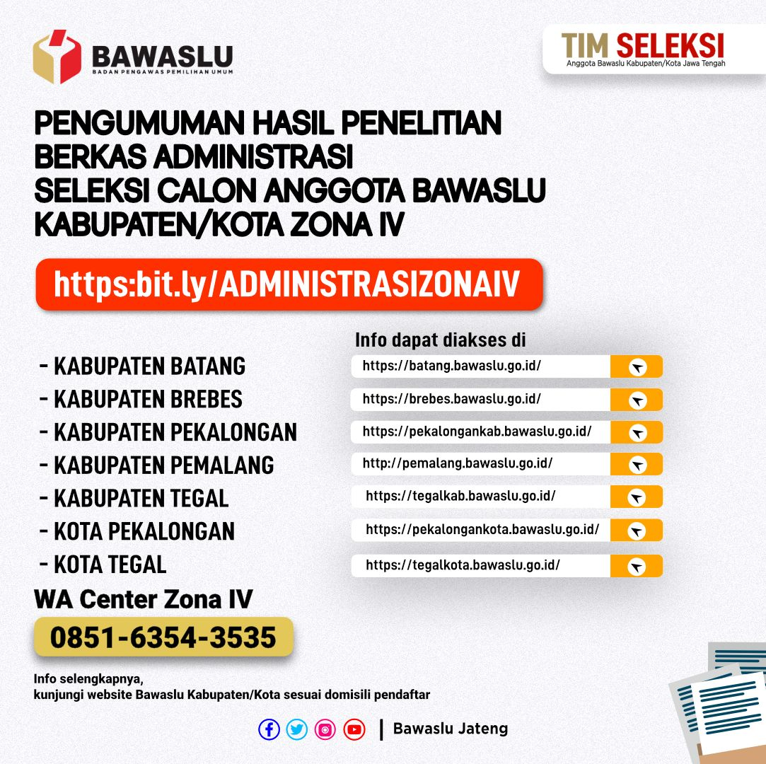 PENGUMUMAN HASIL PENELITIAN BERKAS ADMINISTRASI CALON ANGGOTA BAWASLU KABUPATEN/KOTA PROVINSI JAWA TENGAH ZONA IV