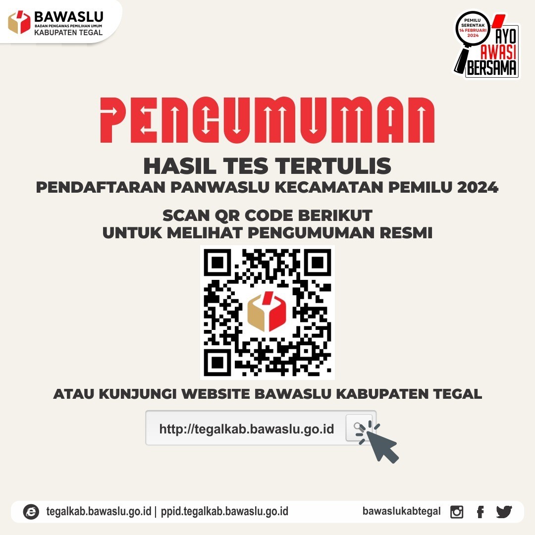 Pengumuman Hasil Tes Tertulis Calon Anggota Panwaslu Kecamatan Untuk Kabupaten Tegal