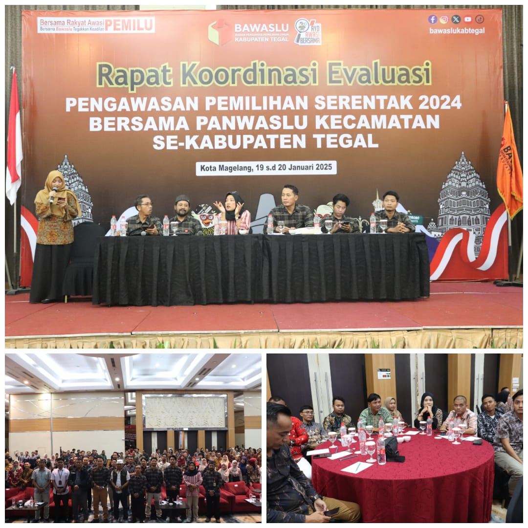 RAPAT KOORDINASI EVALUASI PENGAWASAN PEMILIHAN SERENTAK 2024 BAWASLU KAB.TEGAL BERSAMA PANWASLU KECAMATAN SE-KAB.TEGAL.