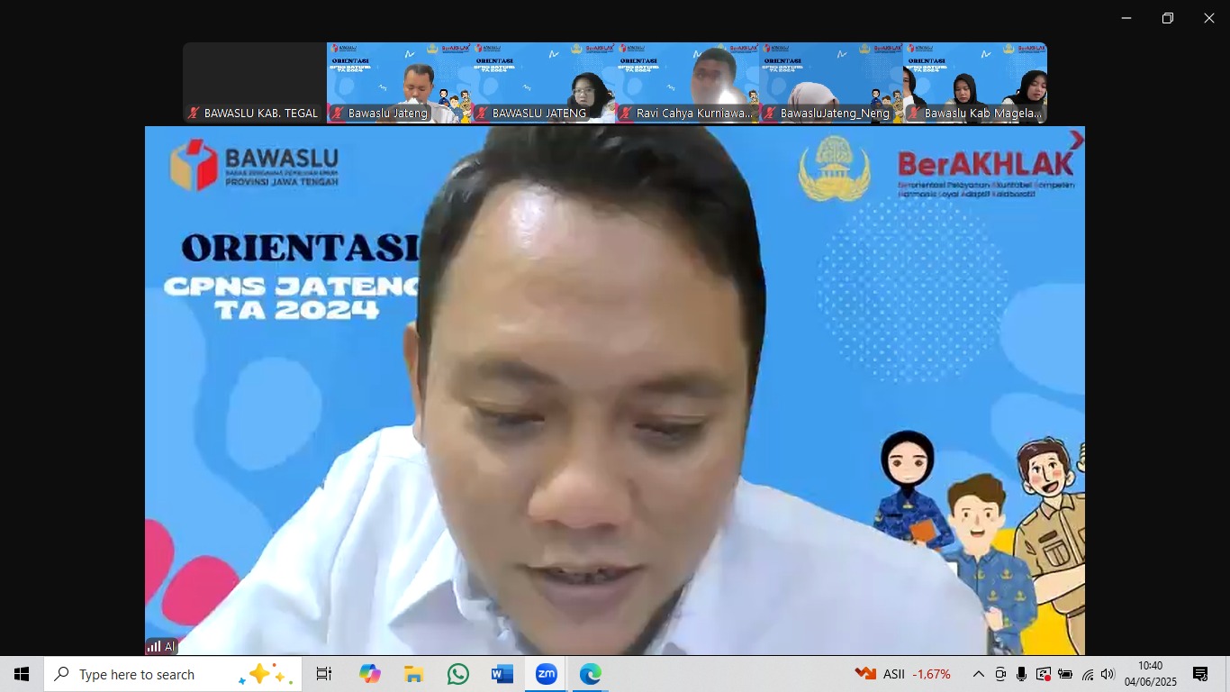 Calon Pegawai Negeri Sipil (CPNS) Badan Pengawas Pemilu (Bawaslu) Kabupaten Tegal Ikuti Pengenalan Lingkungan Kerja/Orientasi di lingkungan Sekretariat Bawaslu Provinsi dan Kabupaten/Kota se-Jawa Tengah Tahun Anggaran 2024.