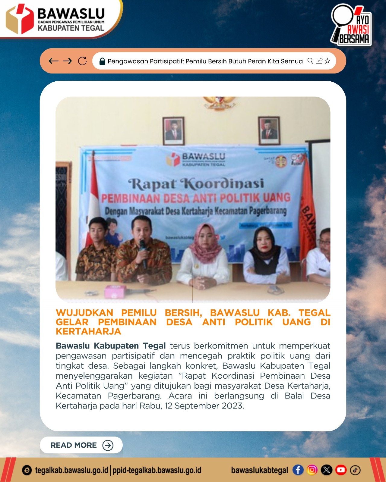 Wujudkan Pemilu Bersih, Bawaslu Kabupaten Tegal Gelar Pembinaan Desa Anti Politik Uang di Kertaharja