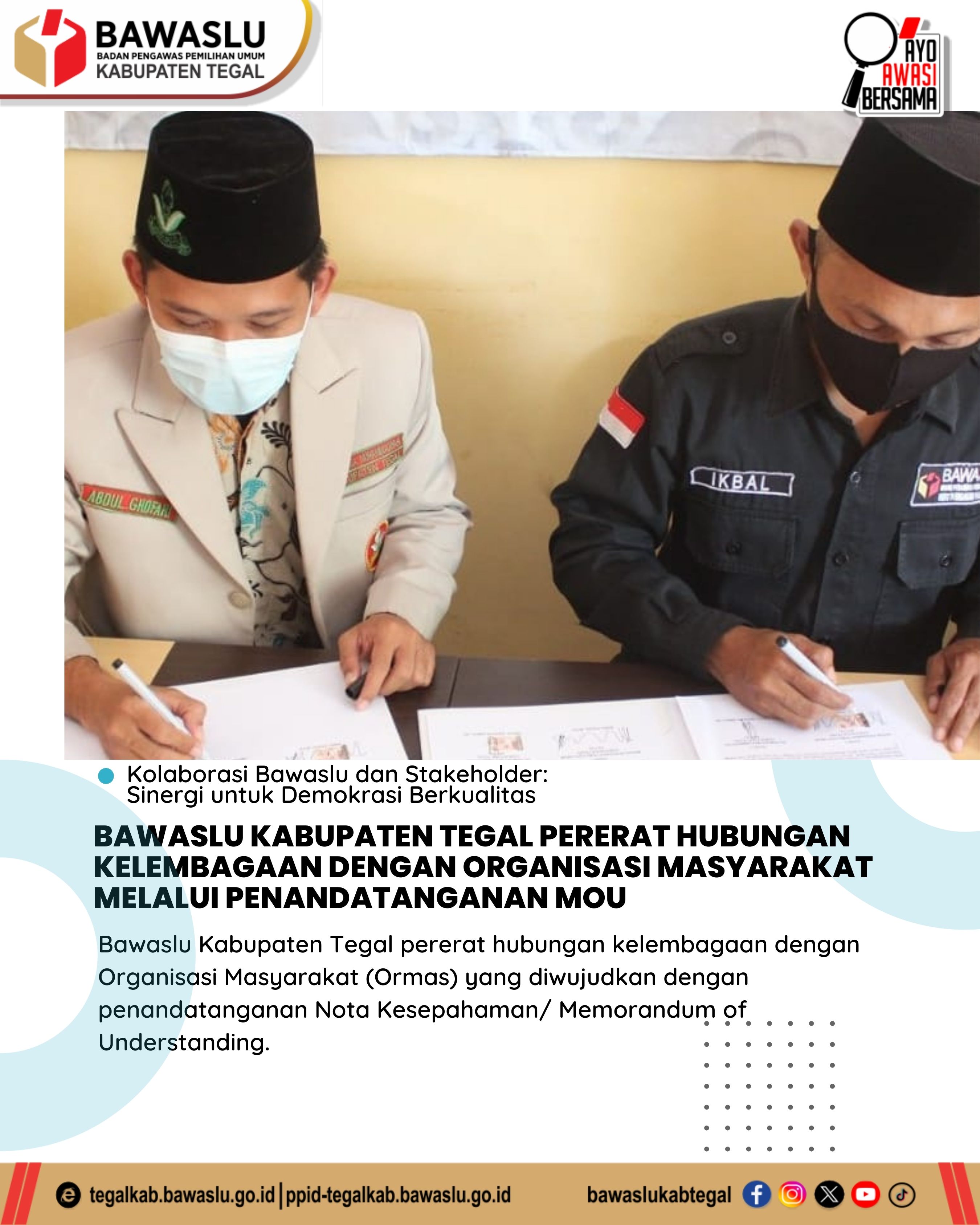 Bawaslu Kabupaten Tegal Jalin Kerja Sama Strategis dengan Ormas Lewat Penandatanganan MoU