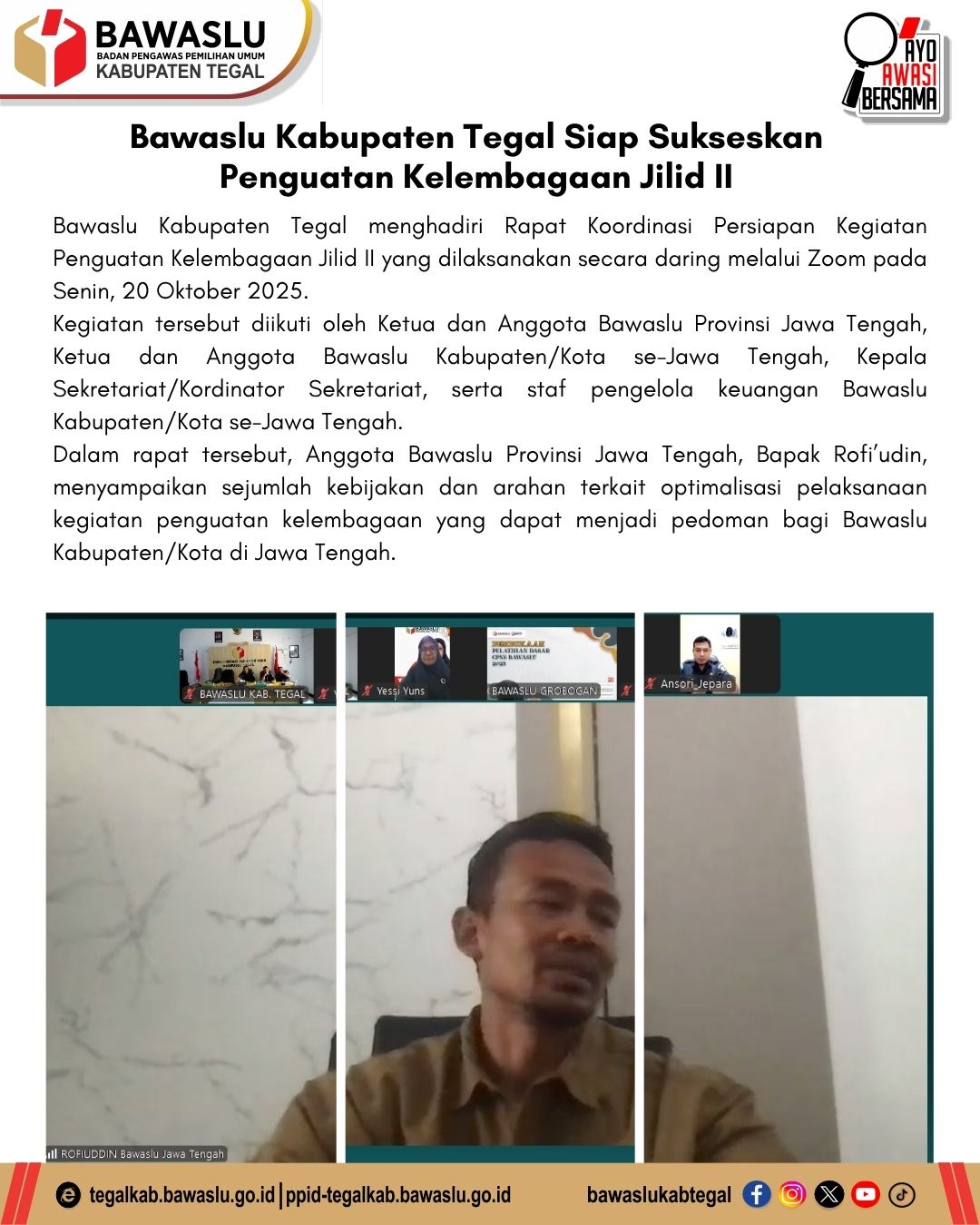 Bawaslu Kabupaten Tegal Ikuti Rapat Koordinasi Persiapan Kegiatan Penguatan Kelembagaan Jilid II
