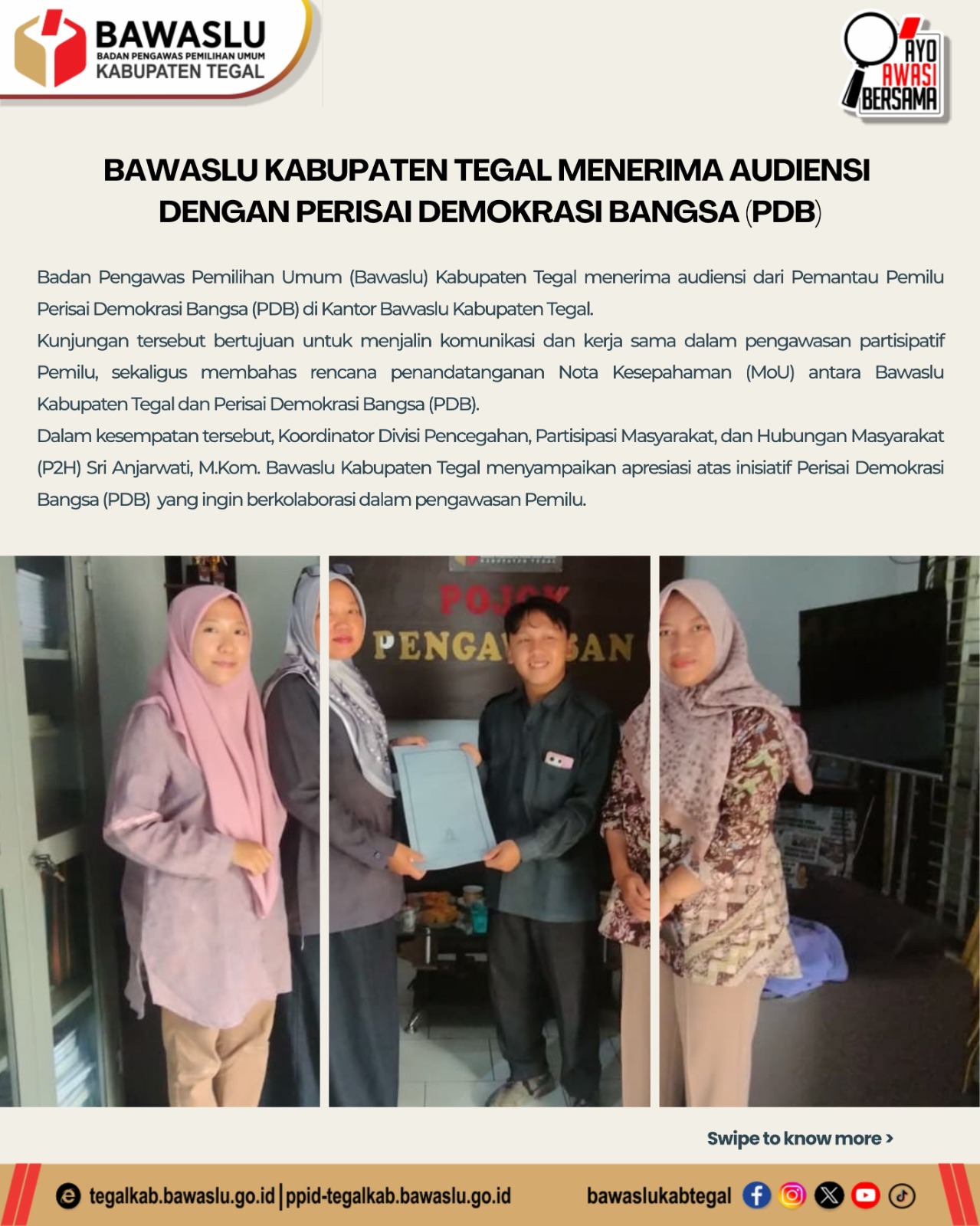 BAWASLU KABUPATEN TEGAL TERIMA AUDIENSI DENGAN PERISAI DEMOKRASI BANGSA (PDB), PERKUAT PENGAWASAN PARTISIPATIF