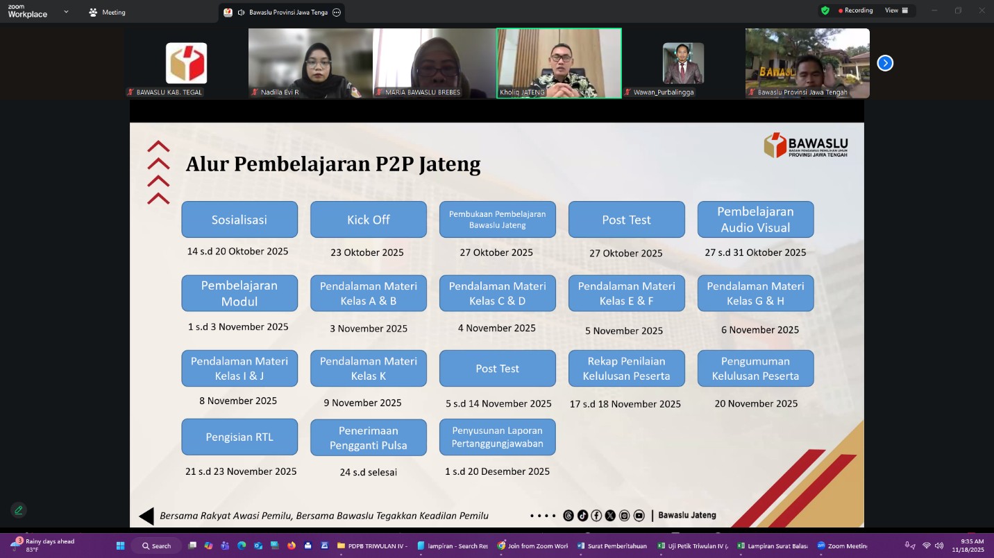 Bawaslu Kabupaten Tegal Ikuti Rapat Evaluasi P2P Jawa Tengah “Pembelajaran Selesai, Peserta Lulus Wajib Bentuk Komunitas”