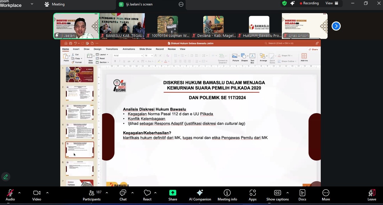 Bawaslu Kabupaten Tegal Ikuti Diskusi Hukum Selasa, Sharing Session Administrasi Hasil Pengawasan Pemungutan dan Penghitungan Suara Pemilu dan Pemilihan.