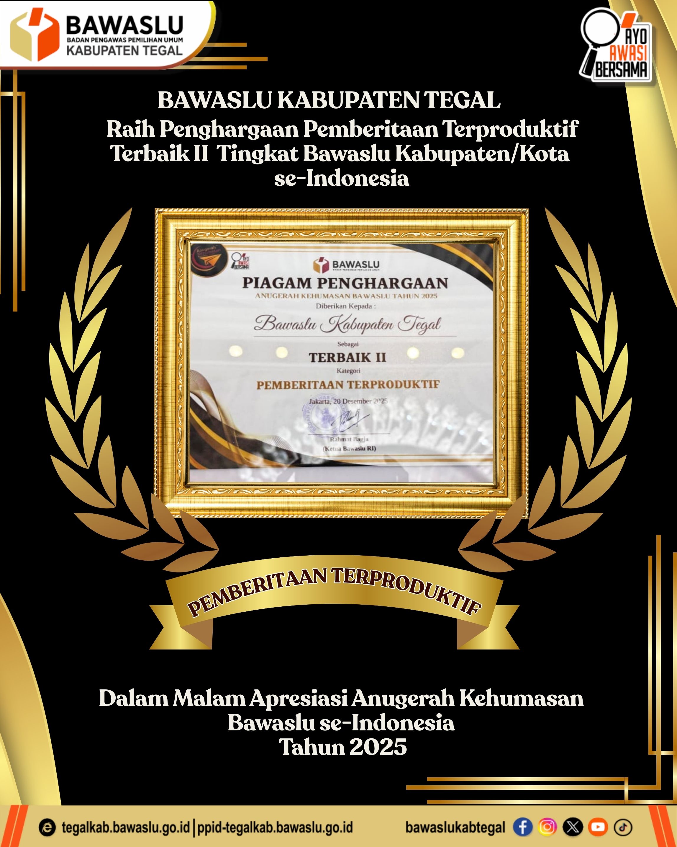 Bawaslu Kabupaten Tegal Raih Penghargaan Terbaik II Nasional Kategori Pemberitaan Terproduktif