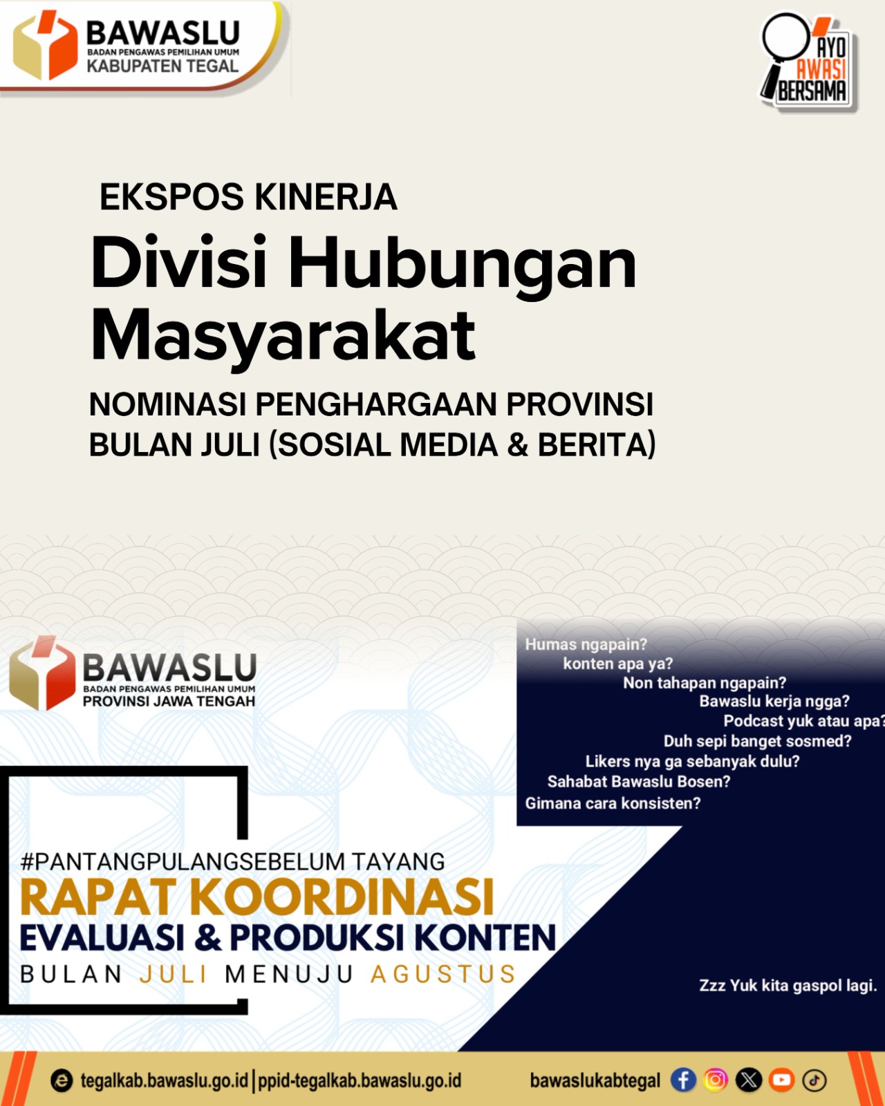 Bawaslu Kabupaten Tegal Raih Dua Nominasi Penghargaan Tingkat Provinsi Juli 2025