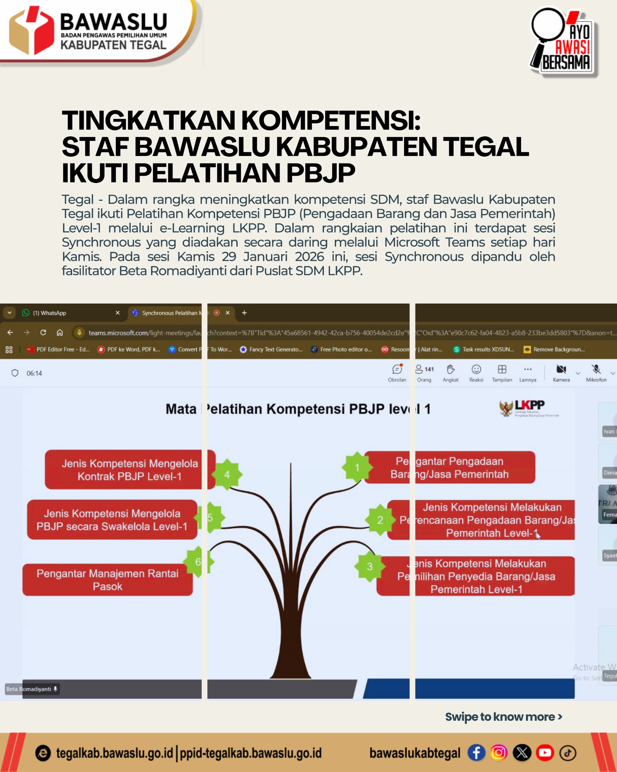 Tingkatkan Profesionalisme dan Akuntabilitas, Staf Bawaslu Kabupaten Tegal Ikuti Pelatihan PBJP Level 1 LKPP