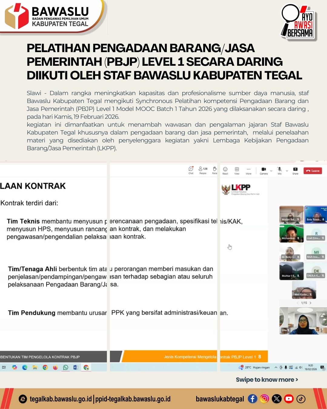 Staf Bawaslu Kabupaten Tegal Ikuti Pelatihan PBJP Level 1 Secara Daring, Bahas Bentuk Kontrak