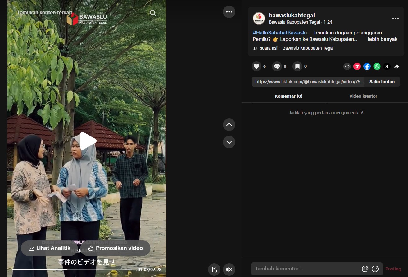 Bawaslu Kabupaten Tegal Unggah Video Edukatif Tolak Politik Uang