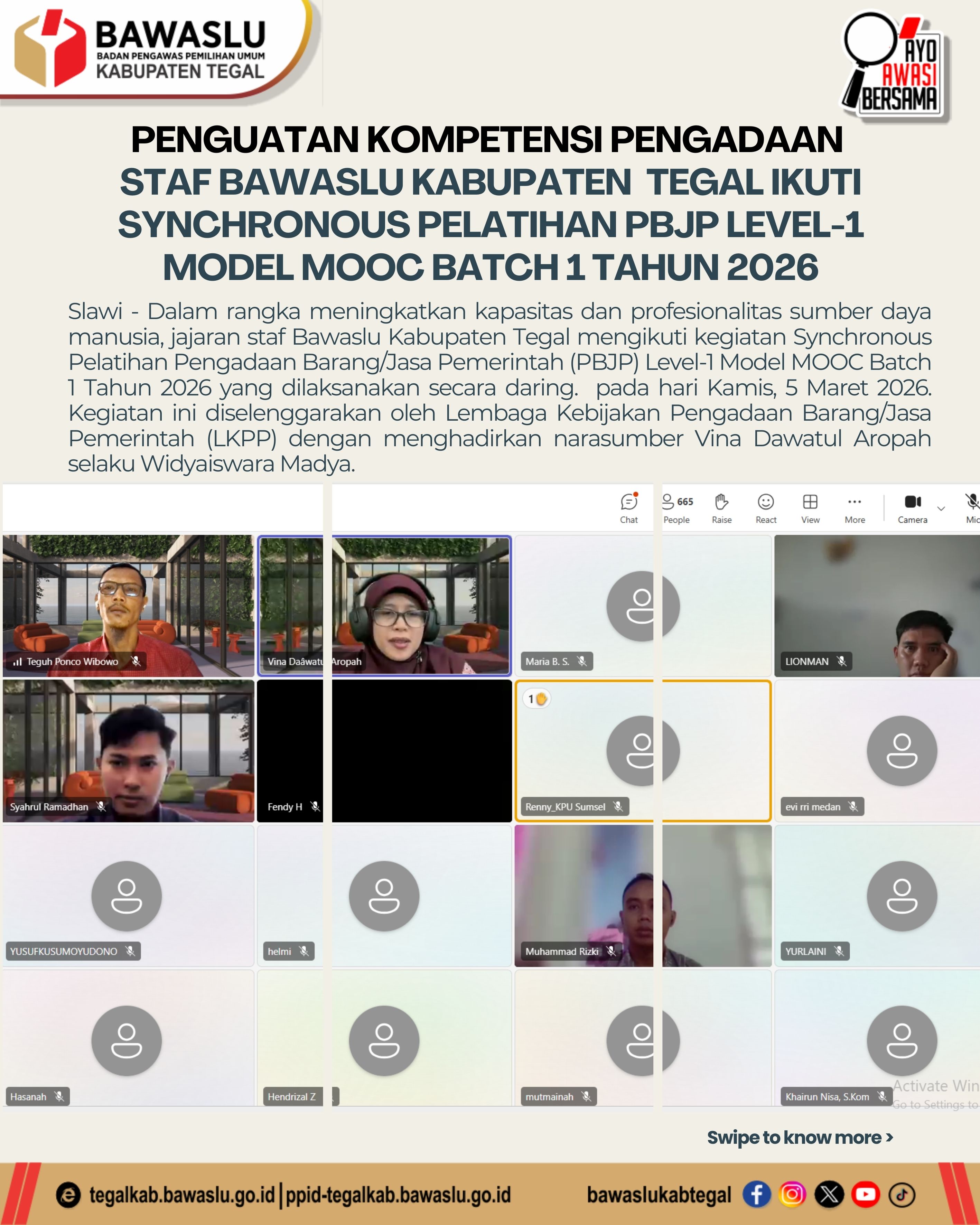 Bawaslu Kabupaten Tegal Ikuti Synchronous Pelatihan PBJP Level-1 Model MOOC