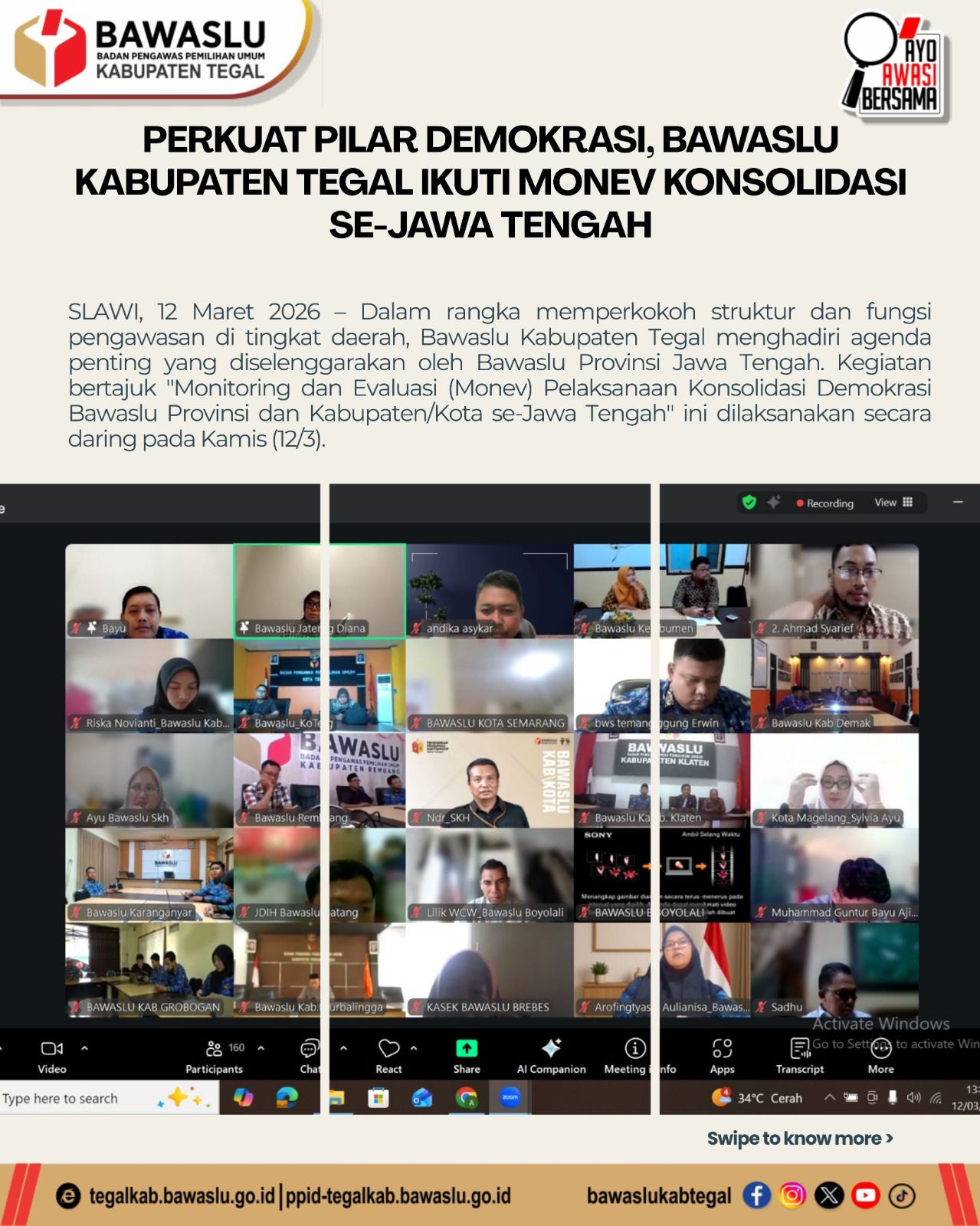 Perkuat Pilar Demokrasi, Bawaslu Kabupaten Tegal Ikuti Monev Konsolidasi Se-Jawa Tengah