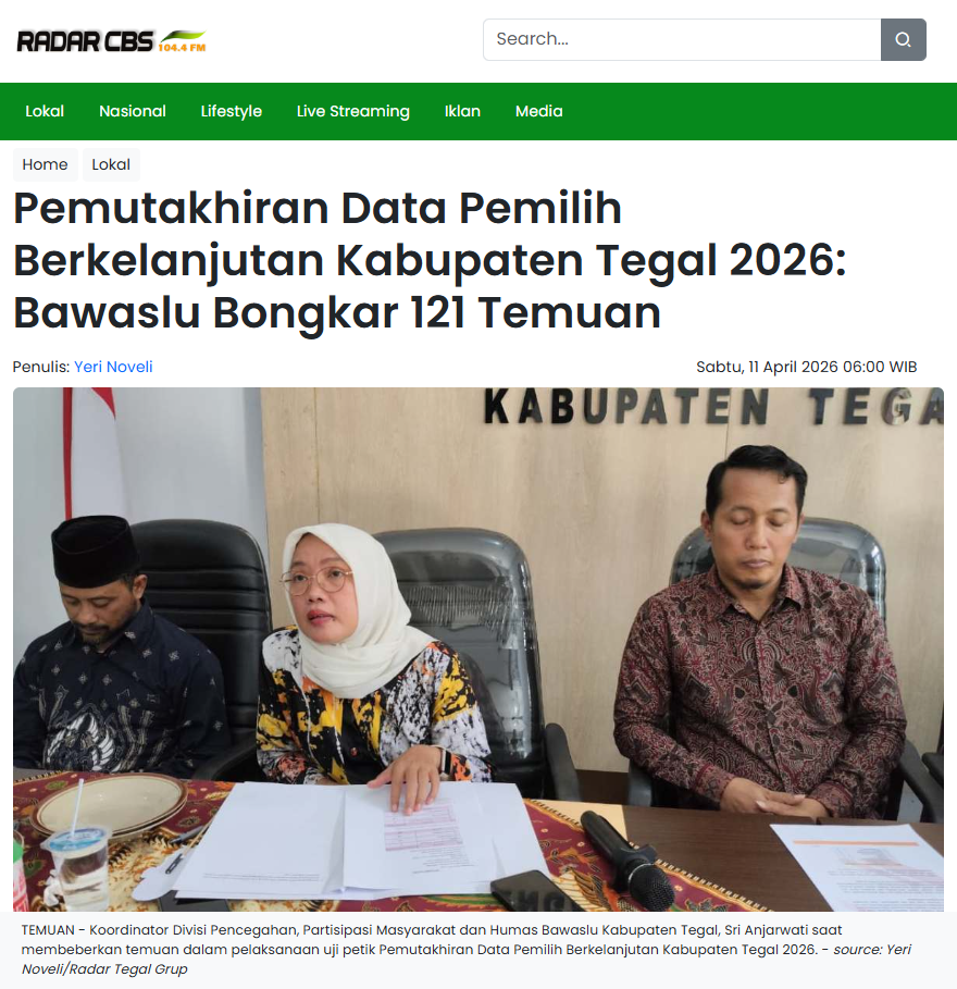 Pemutakhiran Data Pemilih Berkelanjutan Kabupaten Tegal 2026: Bawaslu Bongkar 121 Temuan