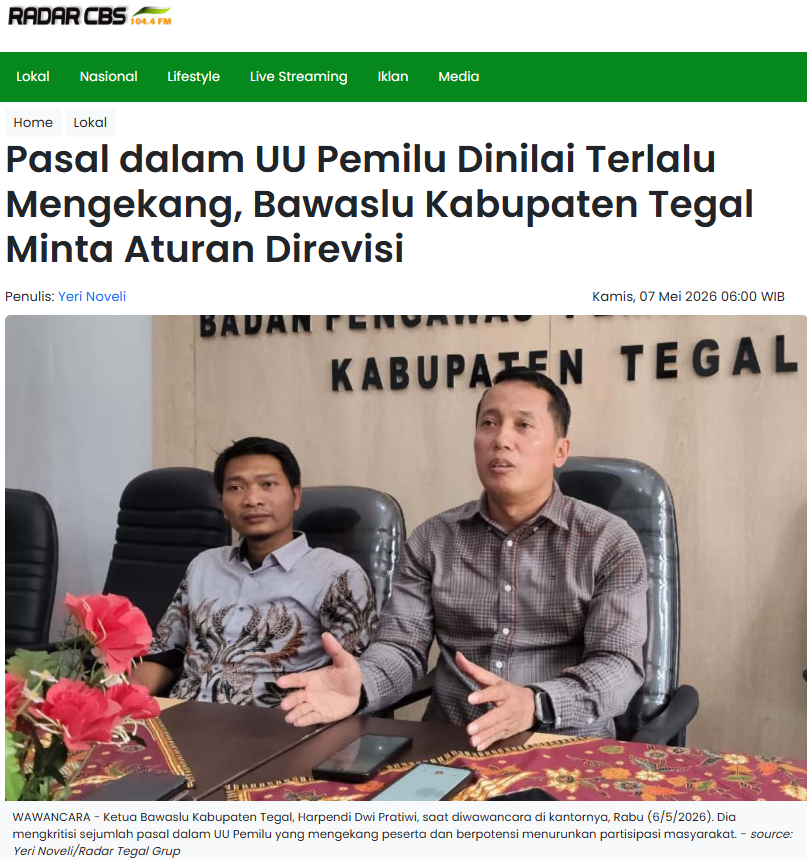 Pasal dalam UU Pemilu Dinilai Terlalu Mengekang, Bawaslu Kabupaten Tegal Minta Aturan Direvisi