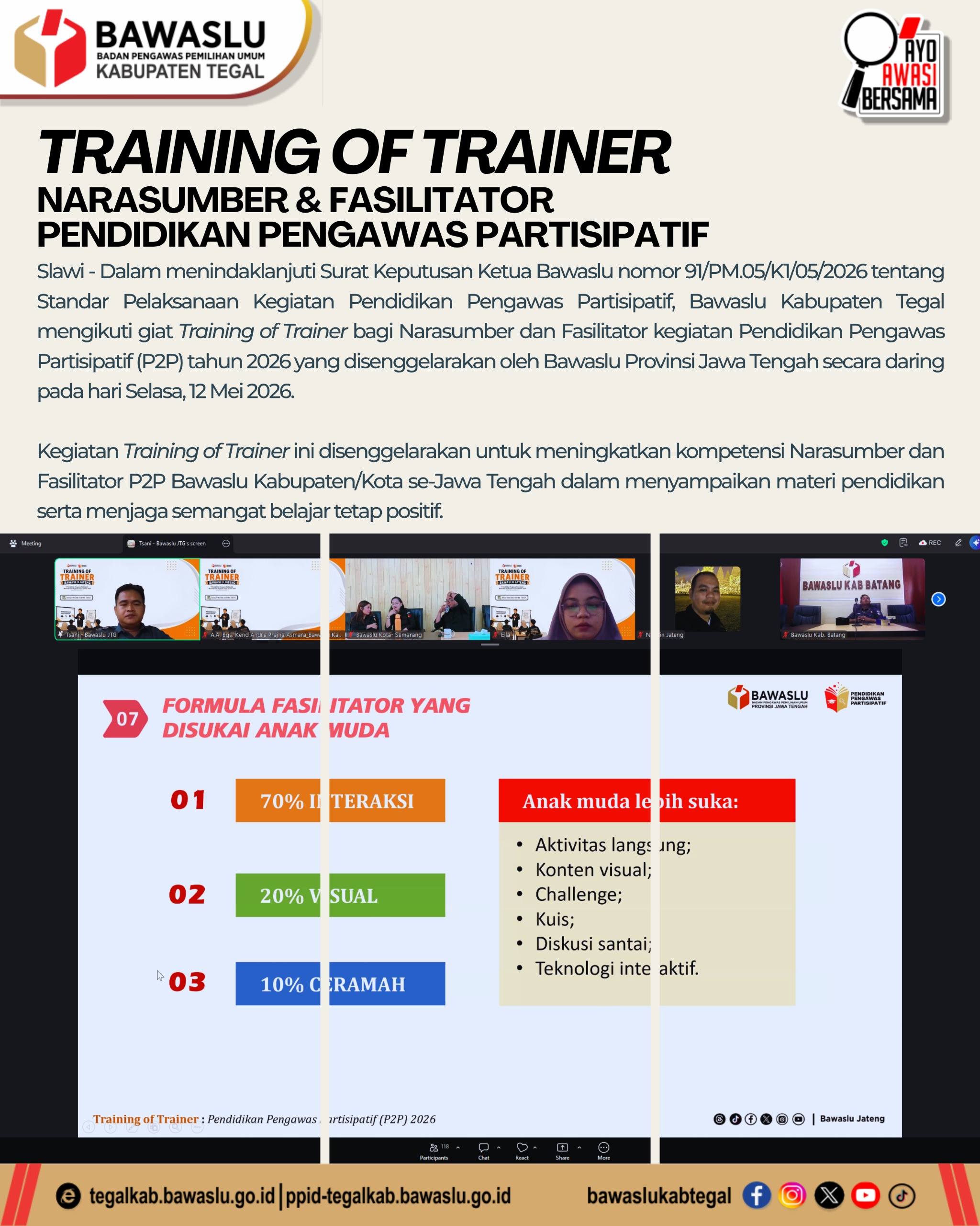 Bikin Metode Belajar Pengawasan Pemilu Lebih “Gen Z”, Bawaslu Kabupaten Tegal Ikuti Training of Trainer P2P Jawa Tengah