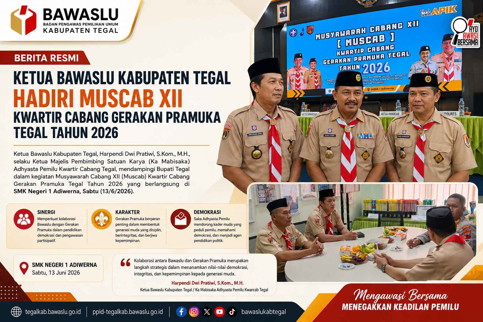 Ketua Bawaslu Kabupaten Tegal Hadiri Muscab XII Kwartir Cabang Gerakan Pramuka Tegal Tahun 2026