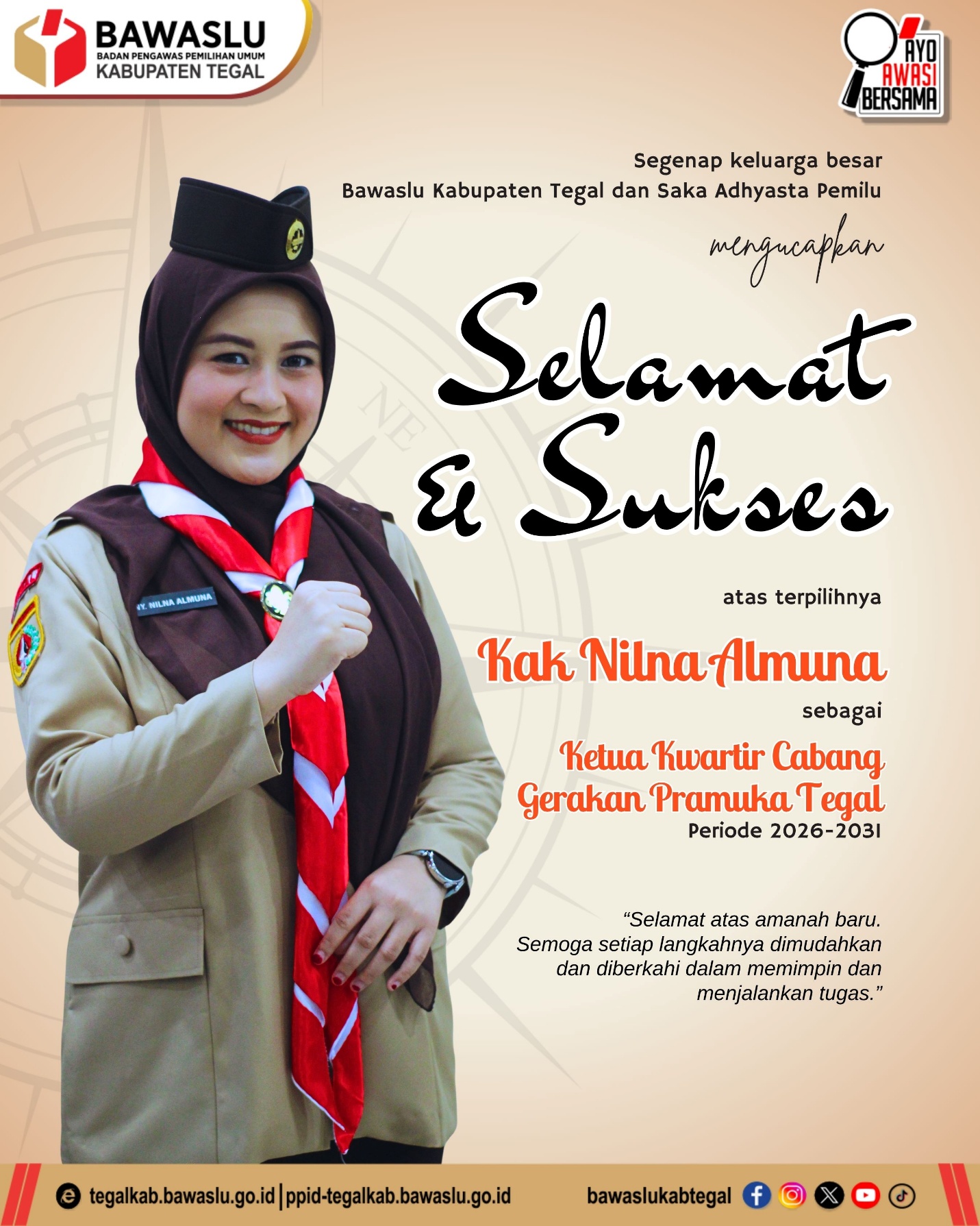 Bawaslu Kabupaten Tegal Ucapkan Selamat atas Terpilihnya Nilna Almuna sebagai Ketua Kwarcab Gerakan Pramuka Kabupaten Tegal
