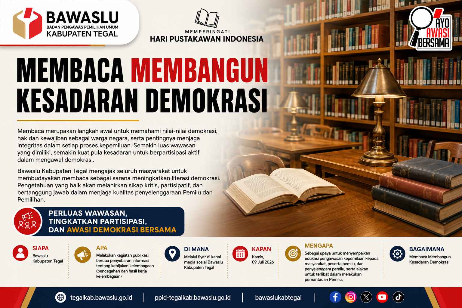 Bawaslu Kabupaten Tegal Publikasikan Edukasi Hari Pustakawan Indonesia: Membaca Membangun Kesadaran Demokrasi