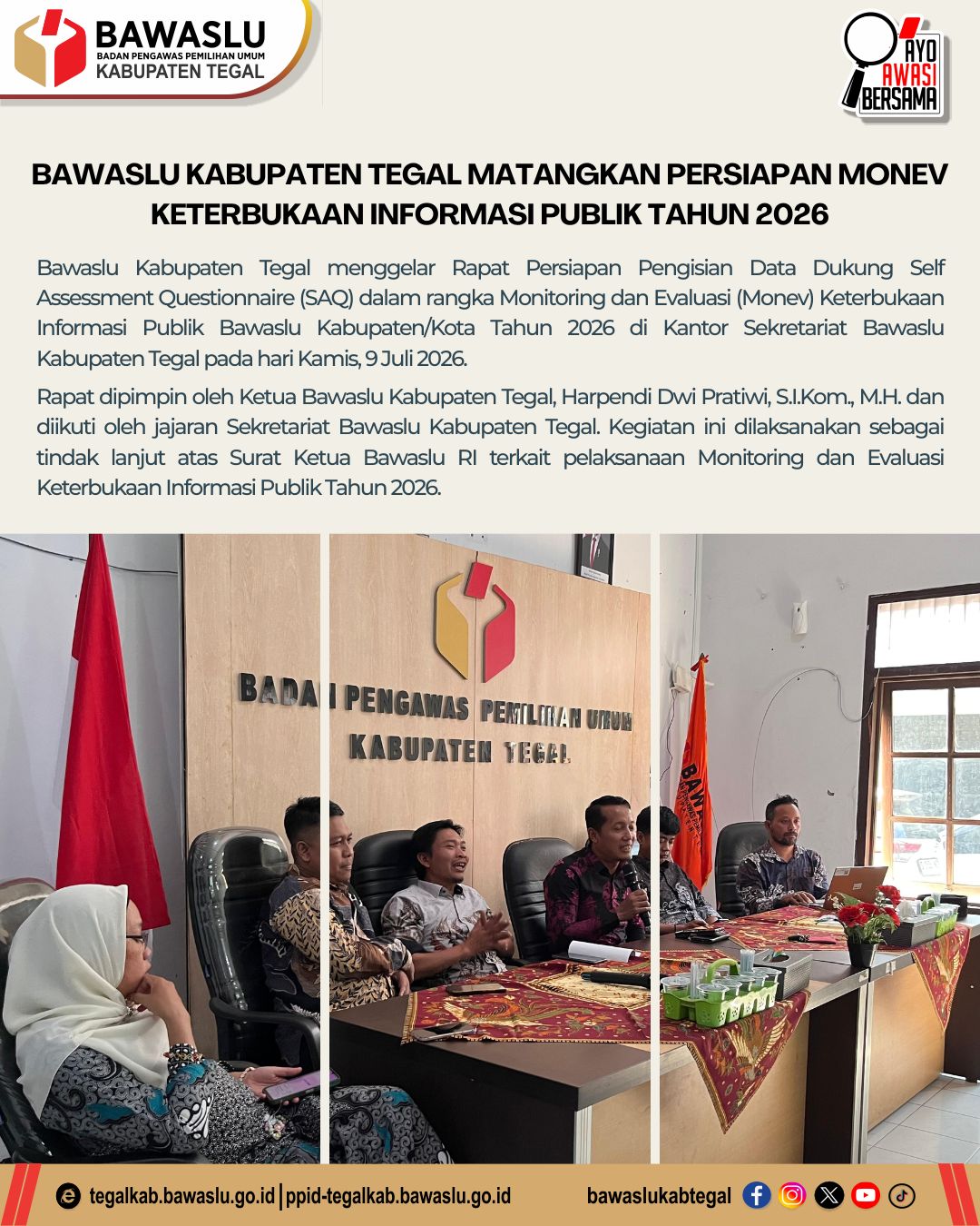 Bawaslu Kabupaten Tegal Matangkan Persiapan Monev Keterbukaan Informasi Publik Tahun 2026