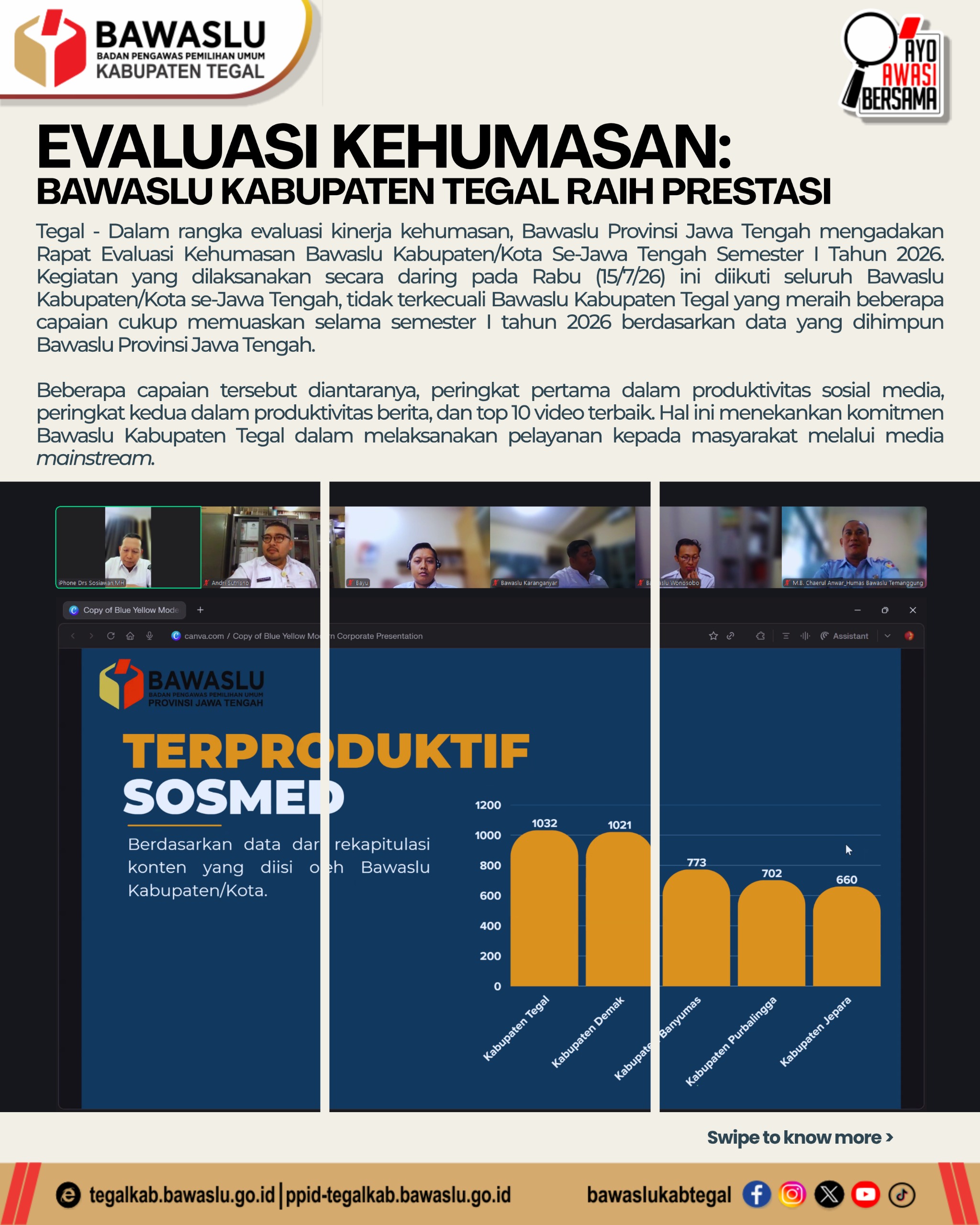 Borong Prestasi di Jawa Tengah! Bawaslu Kabupaten Tegal Sabet Juara Produktivitas Media Sosial dan Masuk Top 10 Video Terbaik