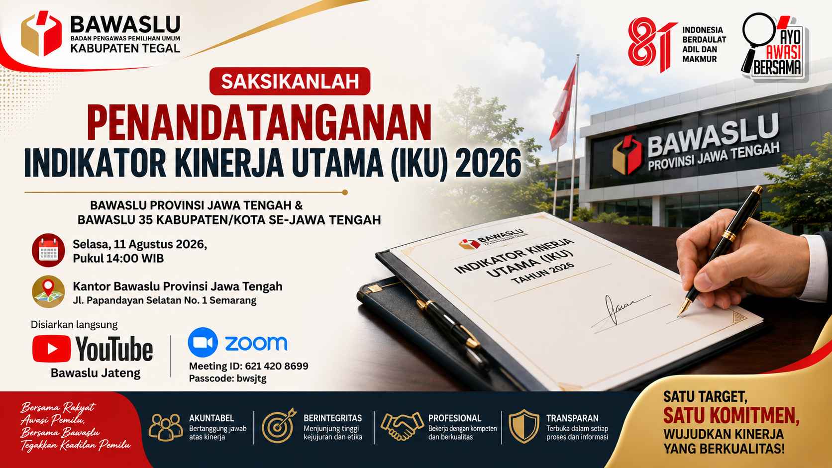 Perkuat Akuntabilitas Kinerja, Bawaslu Jateng dan 35 Kabupaten/Kota Tandatangani Indikator Kinerja Utama (IKU) 2026