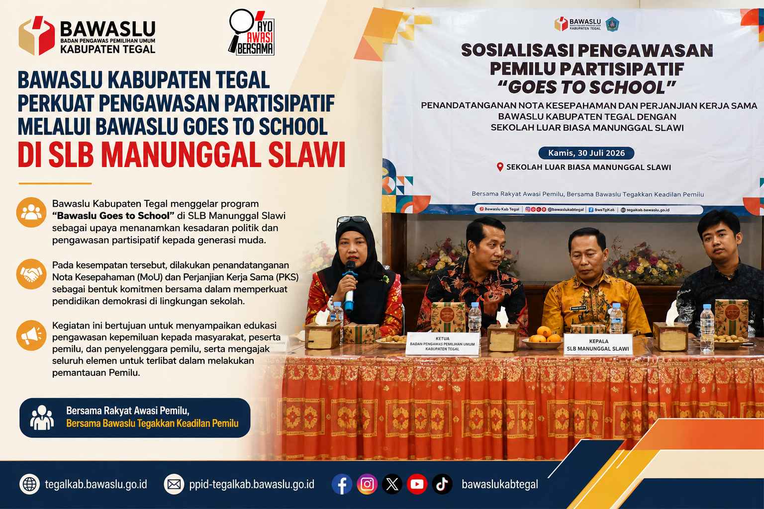 Bawaslu Kabupaten Tegal Perkuat Pengawasan Partisipatif melalui Sosialisasi Kepemiluan di SLB Manunggal Slawi