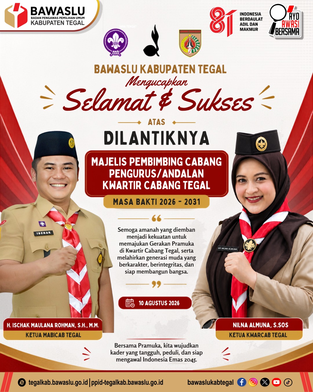 Bawaslu Kabupaten Tegal Publikasikan Ucapan Selamat atas Pelantikan Majelis Pembimbing dan Pengurus/Andalan Kwartir Cabang Tegal