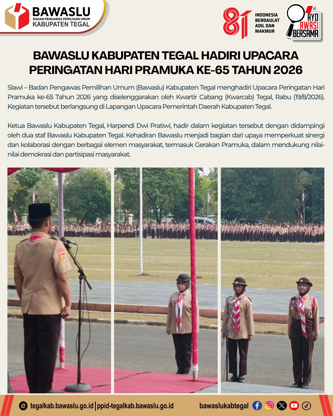 Bawaslu Kabupaten Tegal Hadiri Upacara Peringatan Hari Pramuka ke-65 Tahun 2026