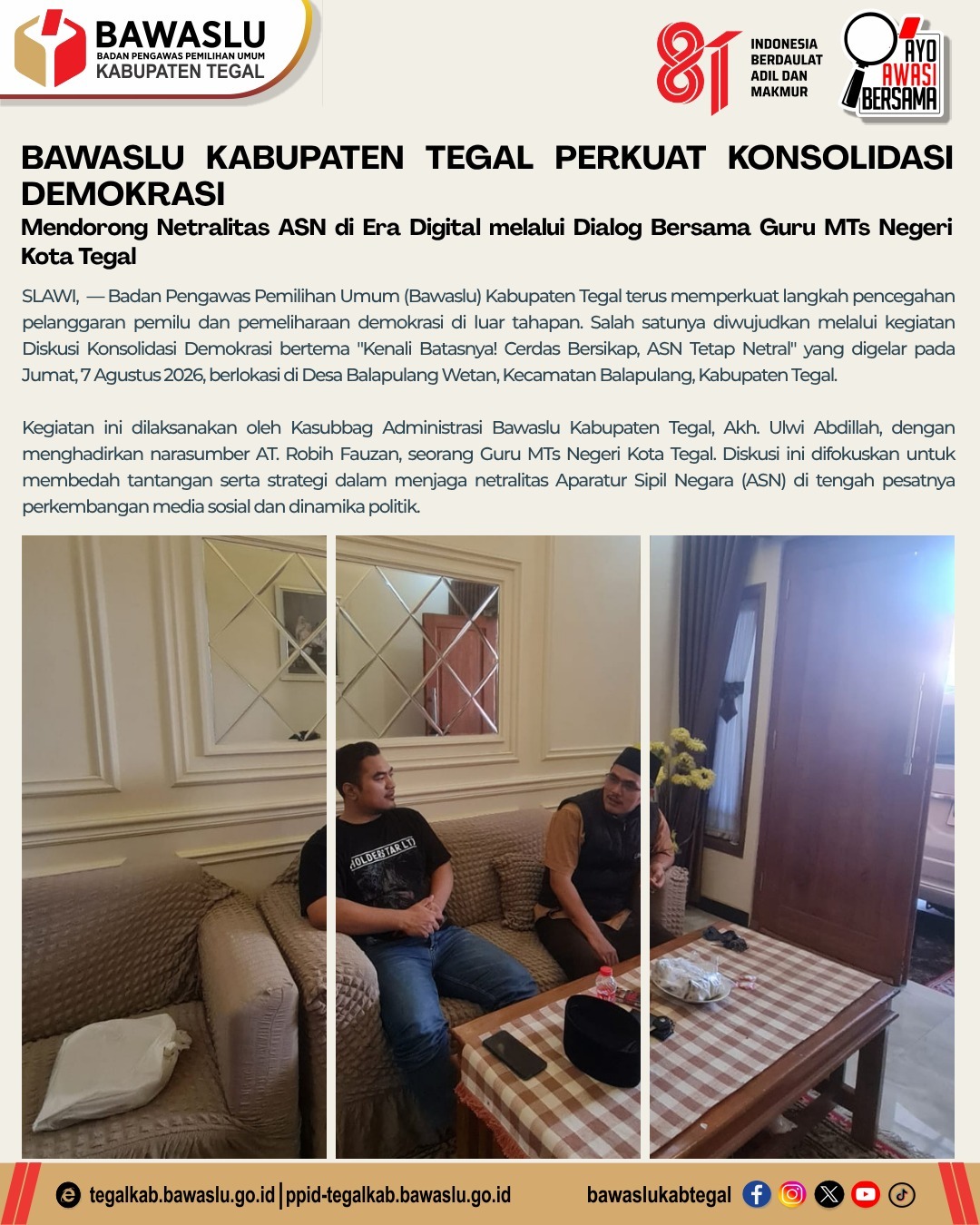 Bawaslu Kabupaten Tegal Perkuat Konsolidasi Demokrasi, Dorong ASN Tetap Netral di Era Digital
