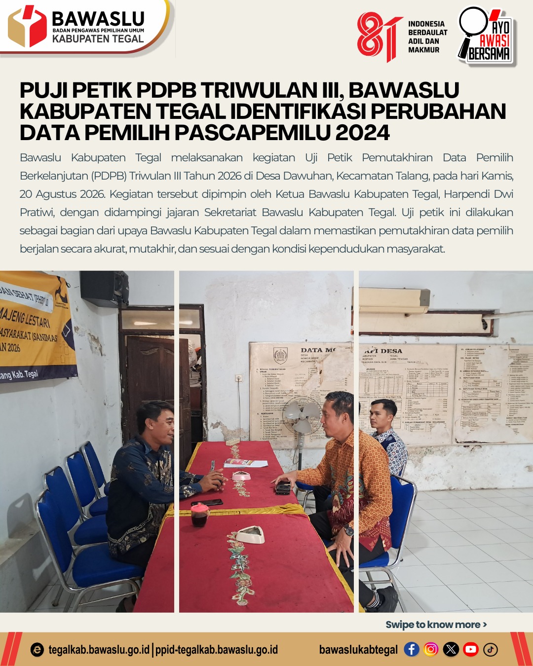 Bawaslu Kabupaten Tegal Pastikan Data Pemilih Akurat melalui Uji Petik PDPB Triwulan III