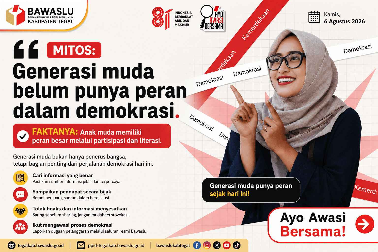 Bawaslu Kabupaten Tegal Ajak Generasi Muda Pahami Peran Pentingnya dalam Demokrasi