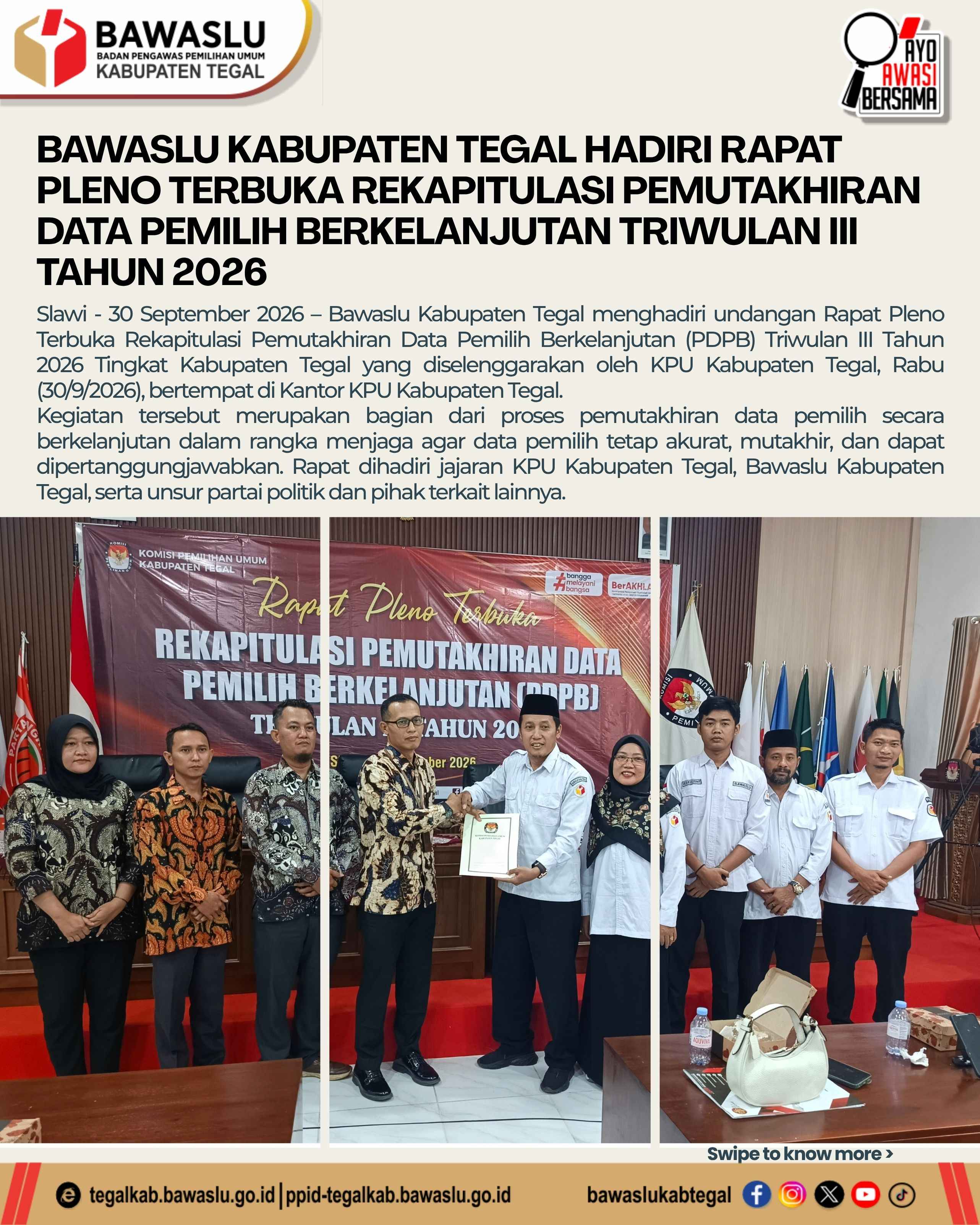 Bawaslu Kabupaten Tegal Hadiri Rapat Pleno Terbuka Rekapitulasi PDPB Triwulan III Tahun 2026