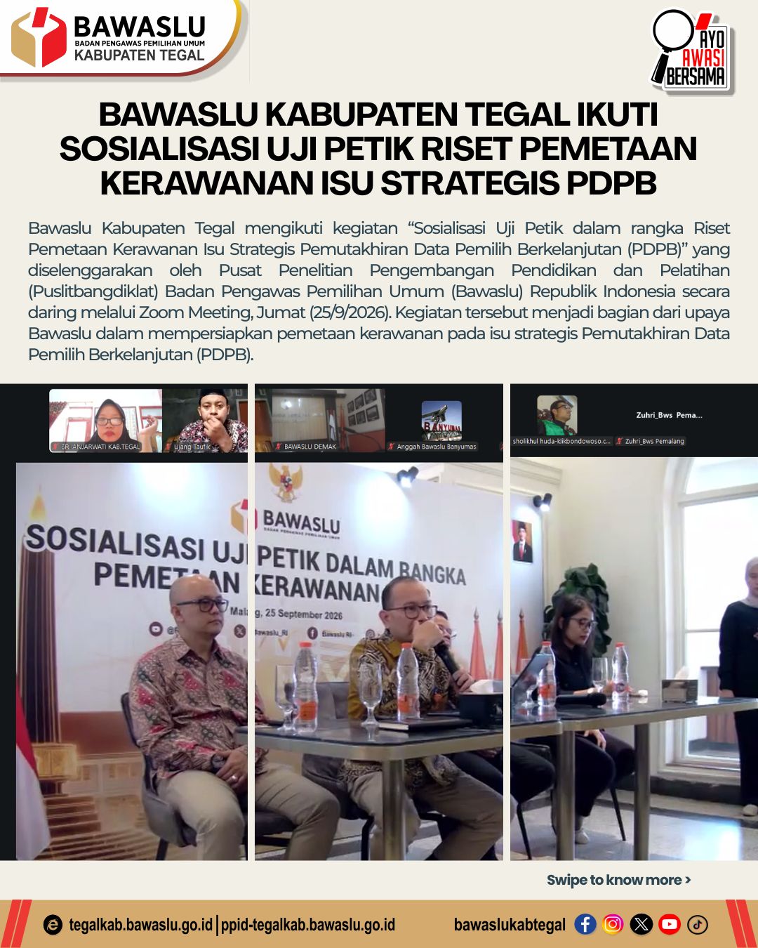 Bawaslu Tegal Ikuti Riset Pemetaan Kerawanan PDPB, Uji Petik Jadi Kunci Baca Potensi Masalah Data Pemilih