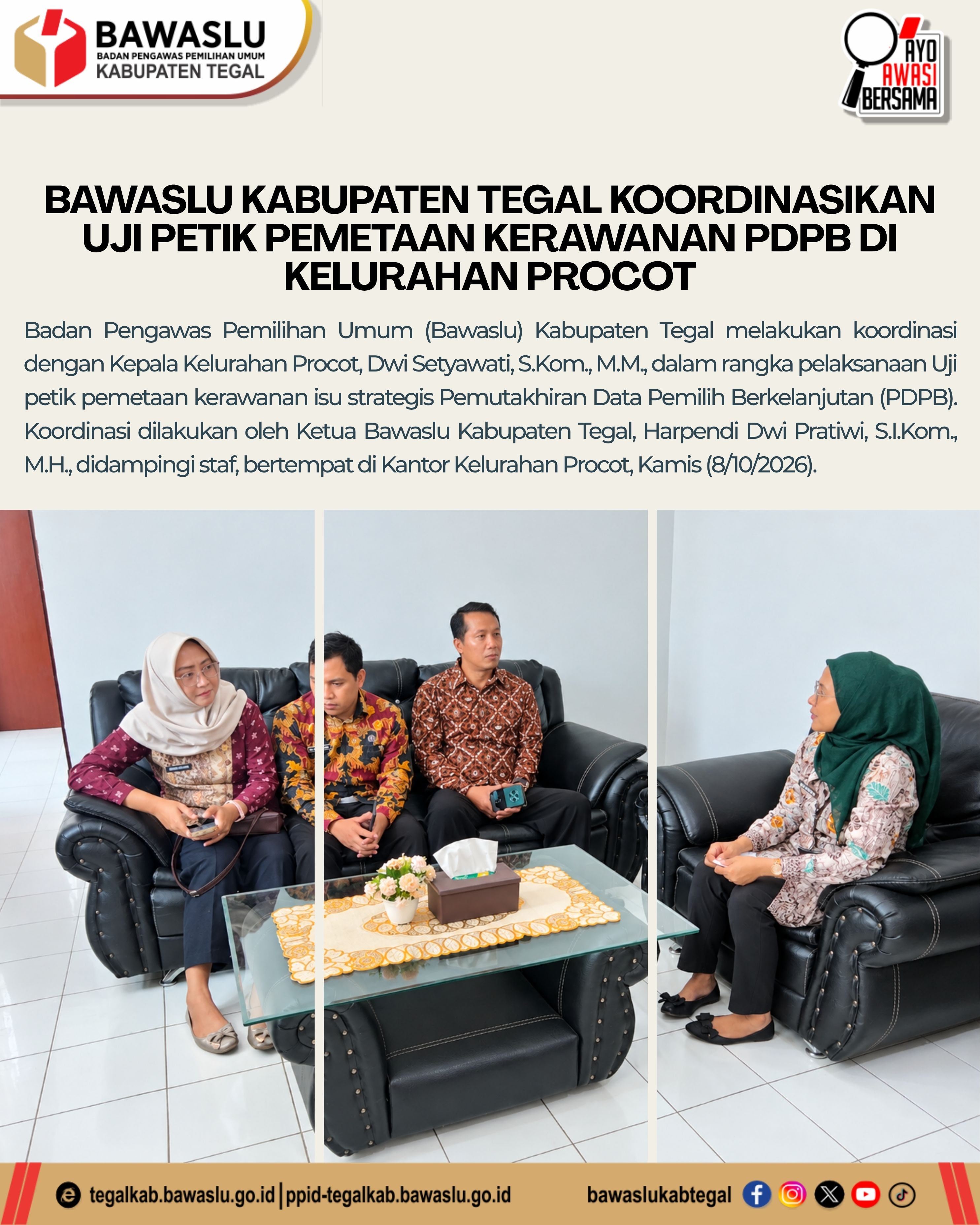 Bawaslu Kabupaten Tegal Koordinasikan Uji Petik Pemetaan Kerawanan PDPB di Kelurahan Procot