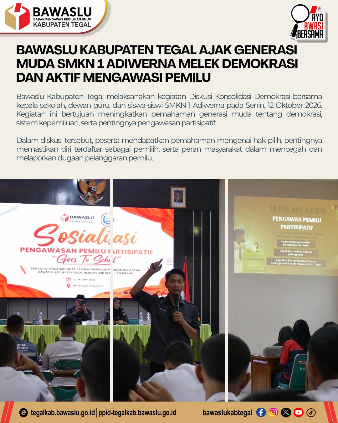 Bawaslu Kabupaten Tegal Ajak Generasi Muda SMKN 1 Adiwerna Melek Demokrasi dan Aktif Mengawasi Pemilu