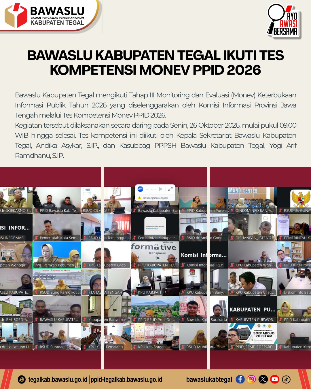 Bawaslu Kabupaten Tegal Ikuti Tes Kompetensi Monev PPID 2026