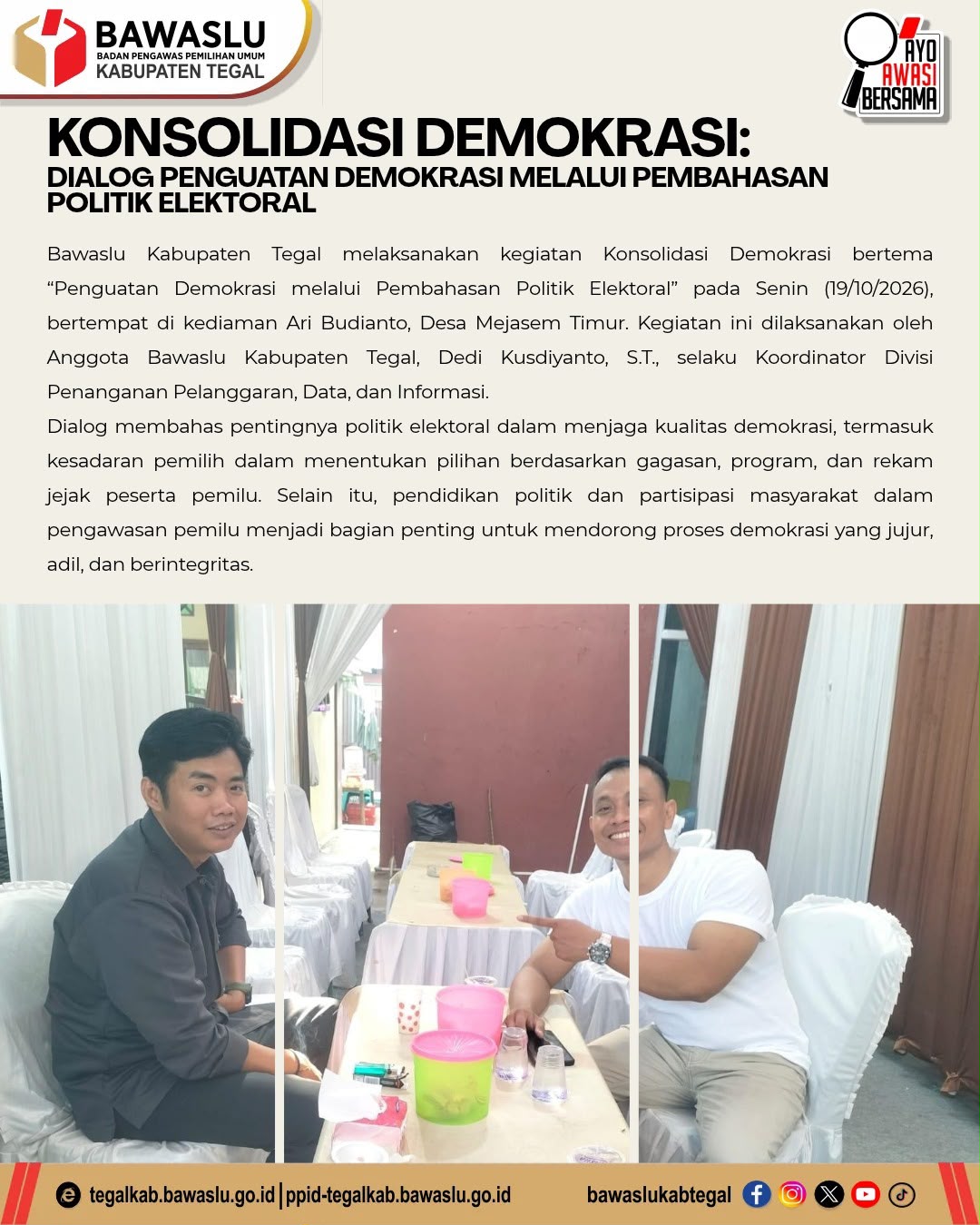Bawaslu Kabupaten Tegal Gelar Konsolidasi Demokrasi, Bahas Penguatan Politik Elektoral