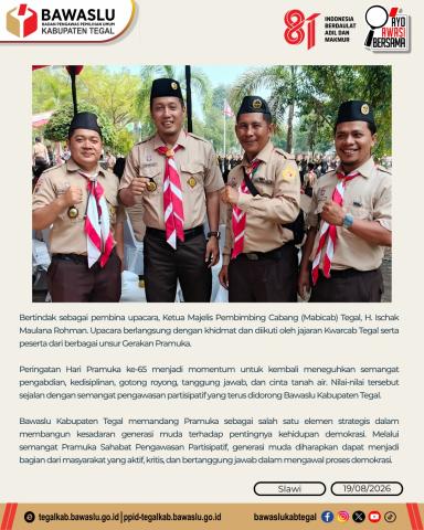 Bawaslu Kabupaten Tegal Hadiri Upacara Peringatan Hari Pramuka ke-65 Tahun 2026