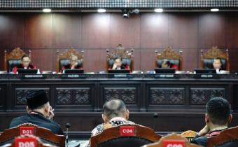 Suasana sidang Perselisihan Hasil Pemilihan Umum (PHPU) Wali Kota Palopo dan PHPU Mahakam Ulu di Gedung Mahkamah Konstitusi, Selasa, (8/7/2025)./Foto: Publikasi dan Pemberitaan Bawaslu